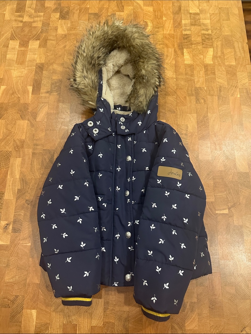Joules Navy Floral-Print Puffer Jacket with Faux-Fur Hood size 3